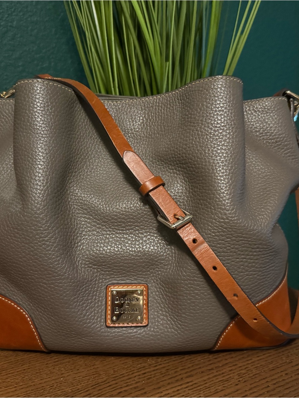 Dooney & Bourke Gray Pebbled Leather Shoulder Bag with Brown Trim